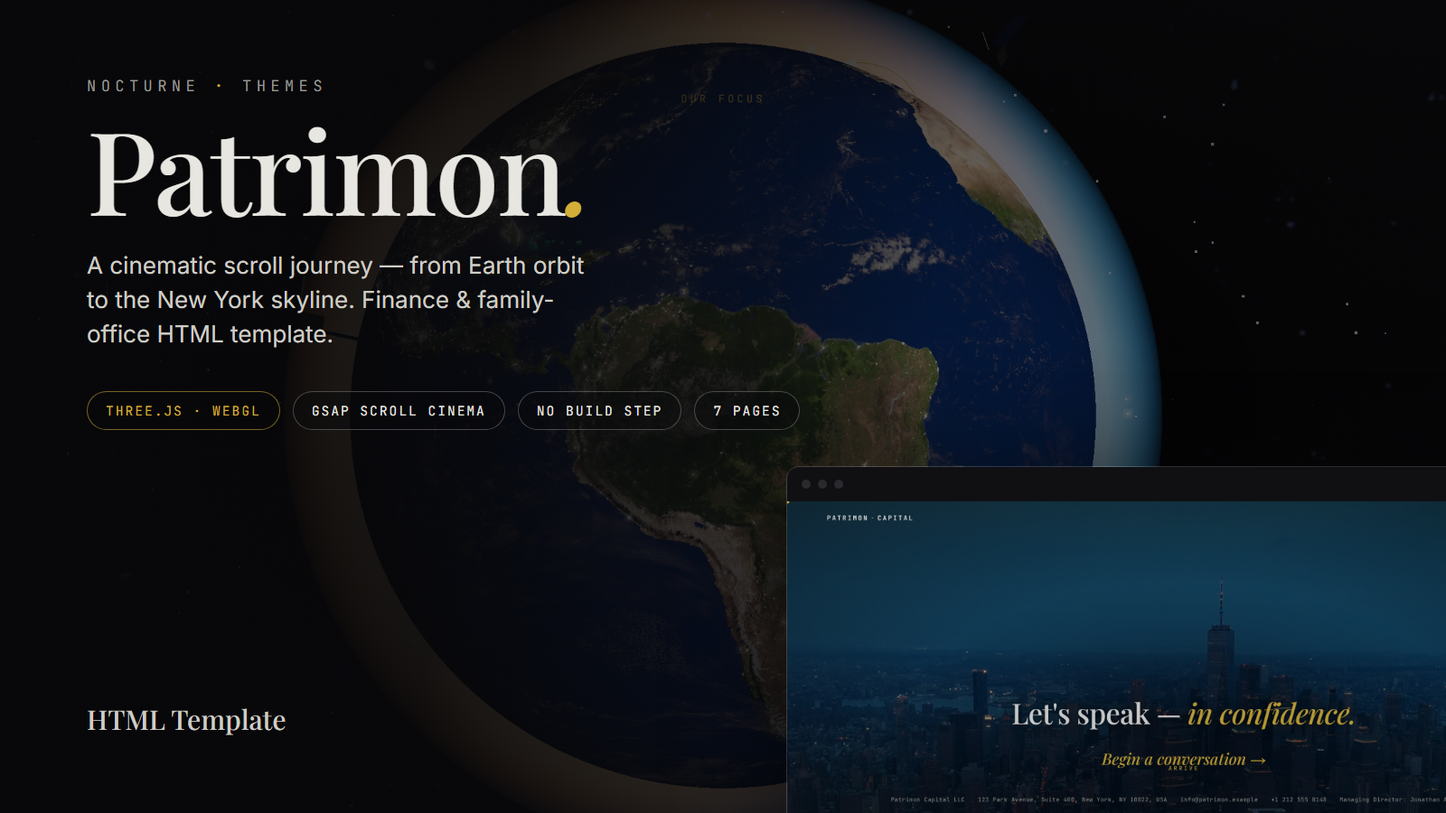 Patrimon template cover — dark cinematic hero with serif headline over a glowing Earth